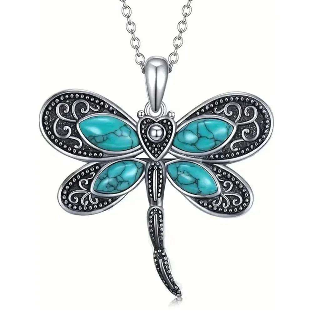 Boho Dragonfly Pendant Inlaid Faux Turquoise Intricate Carved Patterns Necklace